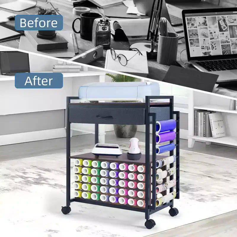 Meuble de rangement mobile pour loisirs créatifs avec support pour rouleaux de vinyle et support pour presse à chaud, organisateur compatible avec roulettes et tiroir pour salle de loisirs créatifs