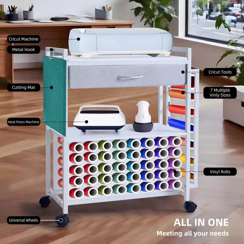Meuble de rangement mobile pour loisirs créatifs avec support pour rouleaux de vinyle et support pour presse à chaud, organisateur compatible avec roulettes et tiroir pour salle de loisirs créatifs