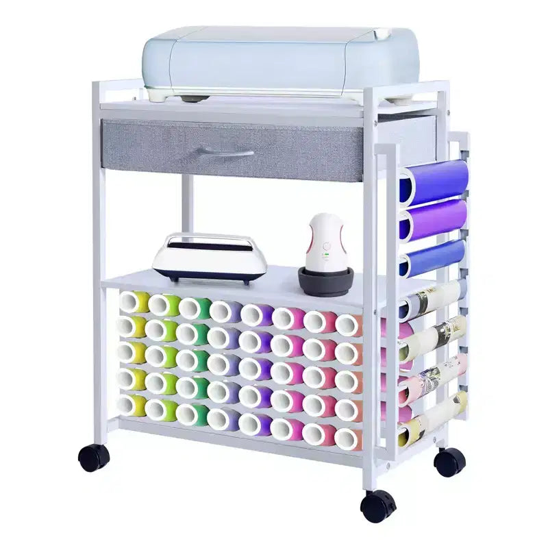 Meuble de rangement mobile pour loisirs créatifs avec support pour rouleaux de vinyle et support pour presse à chaud, organisateur compatible avec roulettes et tiroir pour salle de loisirs créatifs