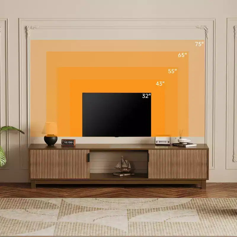 Meuble TV cannelé Mid-Century Modern avec étagères ouvertes – Noyer, compatible jusqu'à 80"