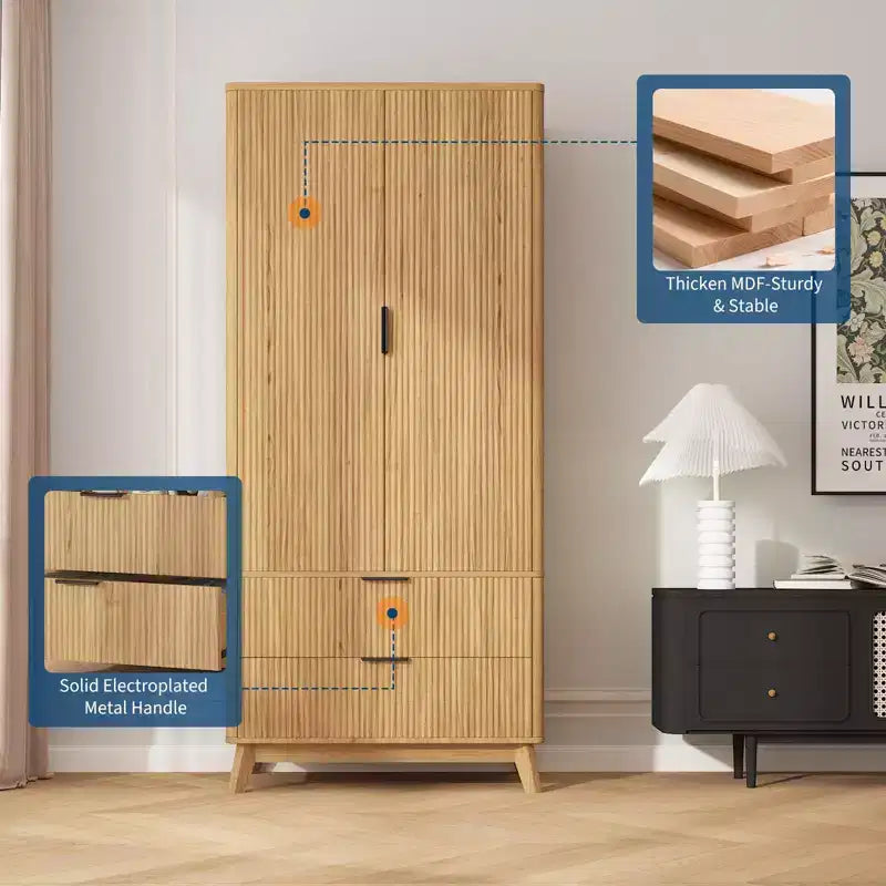 Armoire penderie en bois de 71 po avec 2 portes, tringle à vêtements, étagère réglable et 2 tiroirs, armoire de rangement autoportante pour chambre ou salle de sport