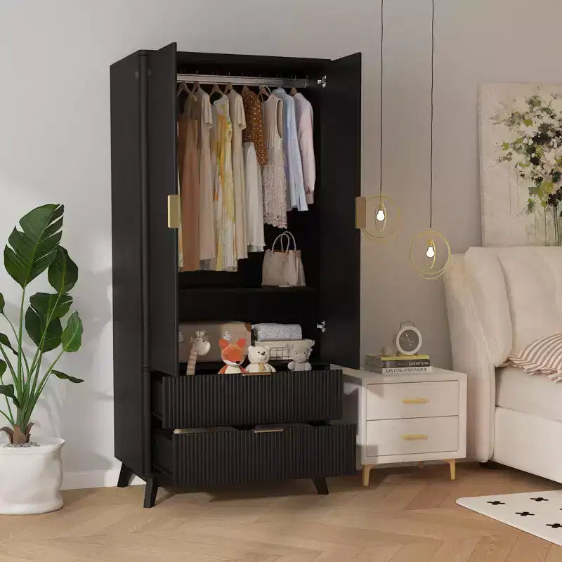 Armoire penderie en bois de 71 po avec 2 portes, tringle à vêtements, étagère réglable et 2 tiroirs, armoire de rangement autoportante pour chambre ou salle de sport