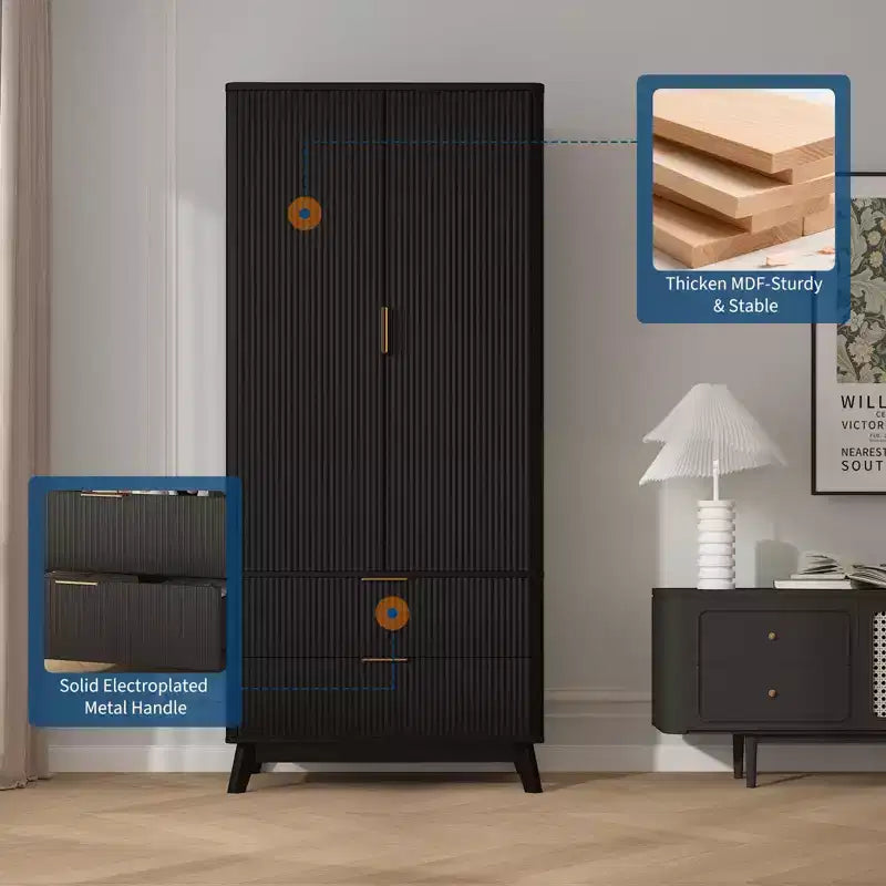 Armoire penderie en bois de 71 po avec 2 portes, tringle à vêtements, étagère réglable et 2 tiroirs, armoire de rangement autoportante pour chambre ou salle de sport