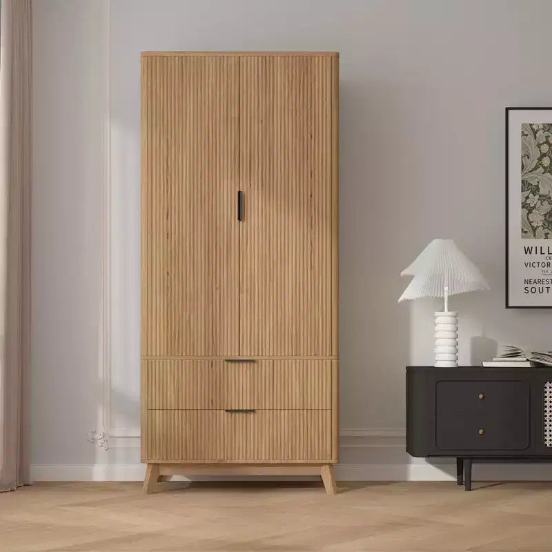 Armoire penderie en bois de 71 po avec 2 portes, tringle à vêtements, étagère réglable et 2 tiroirs, armoire de rangement autoportante pour chambre ou salle de sport