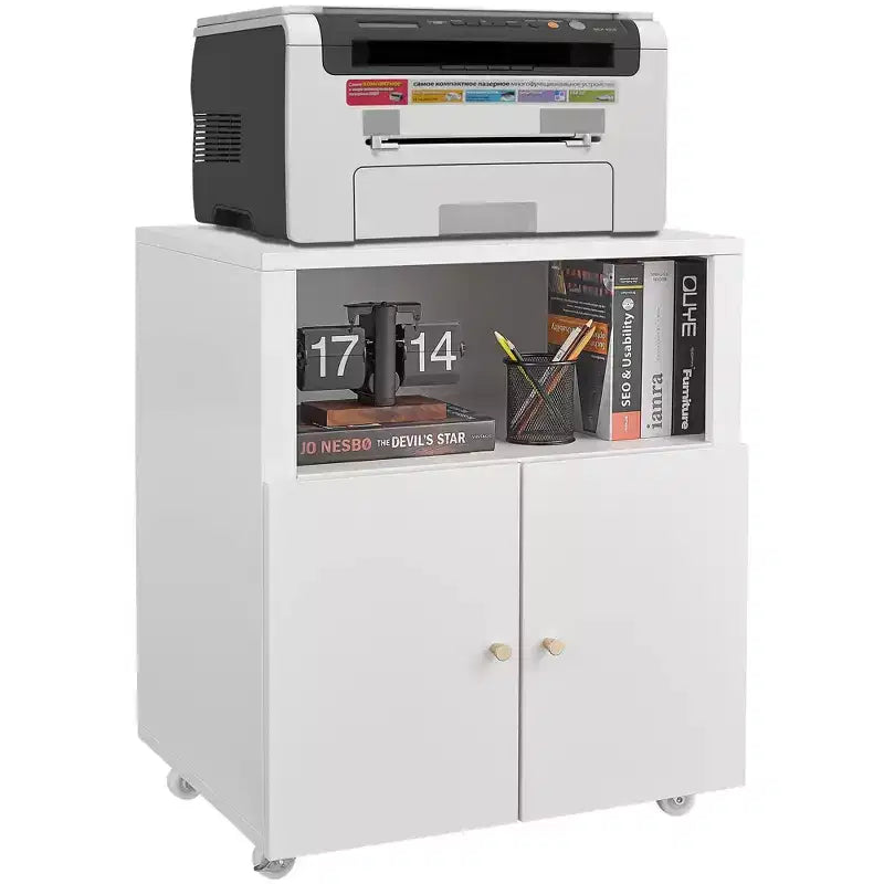 Meuble d'imprimante métallique mobile robuste avec 2 portes et étagère de rangement, support d'imprimante sous le bureau, meuble de classement roulant pour bureau à domicile, garage, atelier