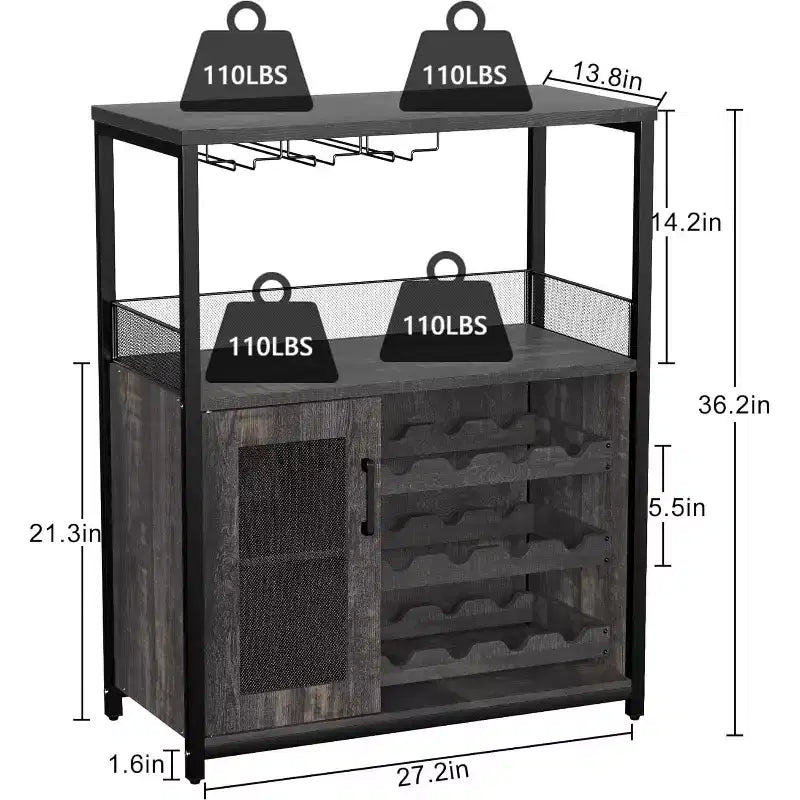 Meuble de Bar à Café et à Vins avec Porte-Bouteilles Amovible, Support à Verres, Tiroir et Porte en Maille, Buffet de Rangement pour Salle à Manger, Cuisine