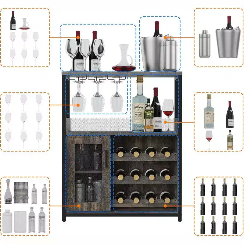 Meuble de Bar à Café et à Vins avec Porte-Bouteilles Amovible, Support à Verres, Tiroir et Porte en Maille, Buffet de Rangement pour Salle à Manger, Cuisine