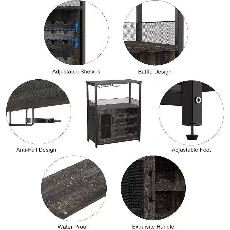 Meuble de Bar à Café et à Vins avec Porte-Bouteilles Amovible, Support à Verres, Tiroir et Porte en Maille, Buffet de Rangement pour Salle à Manger, Cuisine