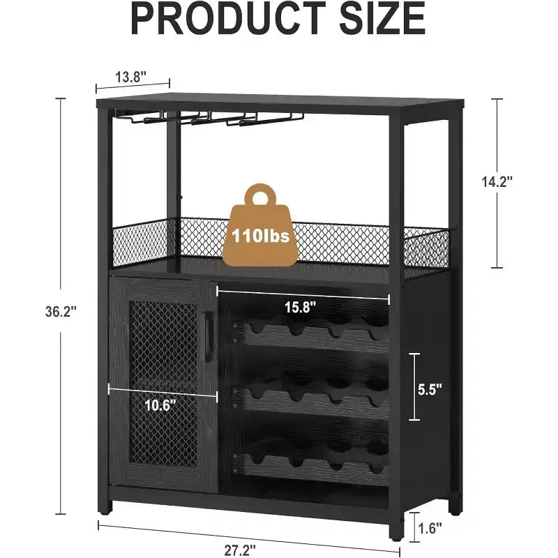 Meuble de Bar à Café et à Vins avec Porte-Bouteilles Amovible, Support à Verres, Tiroir et Porte en Maille, Buffet de Rangement pour Salle à Manger, Cuisine