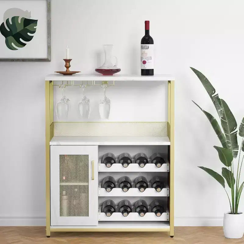 Meuble de Bar à Café et à Vins avec Porte-Bouteilles Amovible, Support à Verres, Tiroir et Porte en Maille, Buffet de Rangement pour Salle à Manger, Cuisine