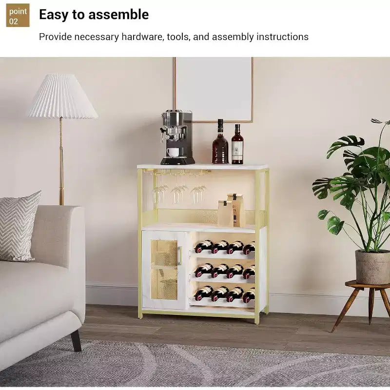 Meuble de Bar à Café et à Vins avec Porte-Bouteilles Amovible, Support à Verres, Tiroir et Porte en Maille, Buffet de Rangement pour Salle à Manger, Cuisine