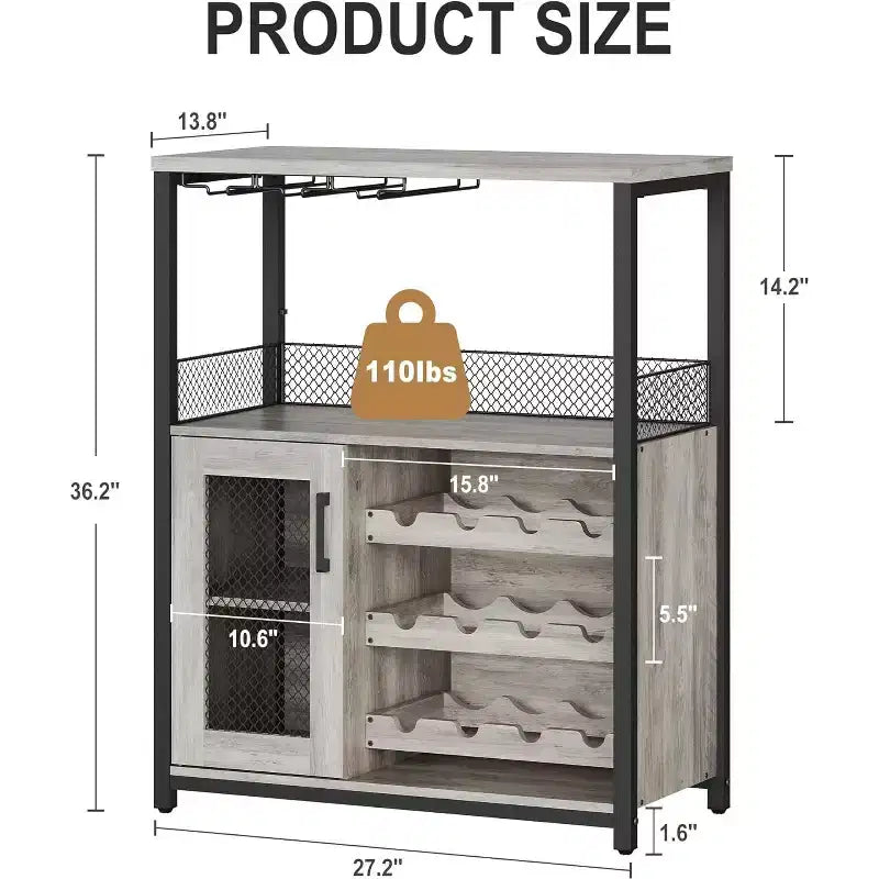 Meuble de Bar à Café et à Vins avec Porte-Bouteilles Amovible, Support à Verres, Tiroir et Porte en Maille, Buffet de Rangement pour Salle à Manger, Cuisine