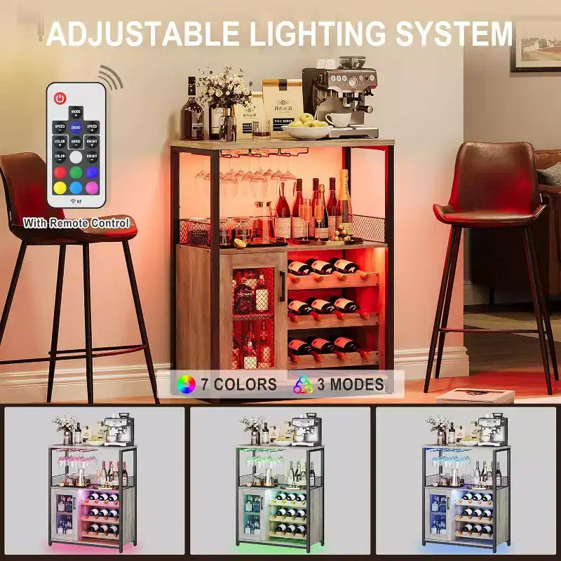 Meuble de Bar à Café et à Vins avec Porte-Bouteilles Amovible, Support à Verres, Tiroir et Porte en Maille, Buffet de Rangement pour Salle à Manger, Cuisine