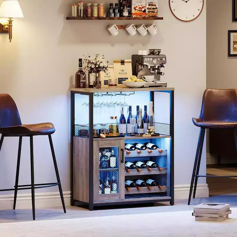 Meuble de Bar à Café et à Vins avec Porte-Bouteilles Amovible, Support à Verres, Tiroir et Porte en Maille, Buffet de Rangement pour Salle à Manger, Cuisine