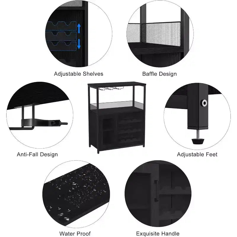 Meuble de Bar à Café et à Vins avec Porte-Bouteilles Amovible, Support à Verres, Tiroir et Porte en Maille, Buffet de Rangement pour Salle à Manger, Cuisine