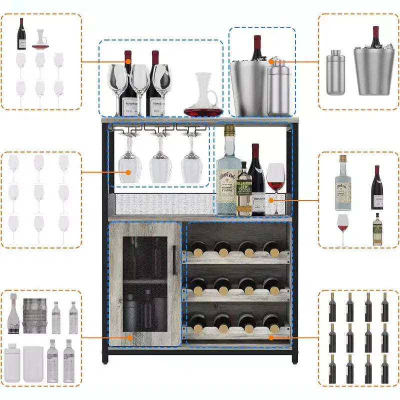 Meuble de Bar à Café et à Vins avec Porte-Bouteilles Amovible, Support à Verres, Tiroir et Porte en Maille, Buffet de Rangement pour Salle à Manger, Cuisine