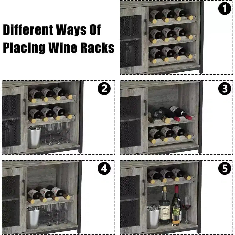 Meuble de Bar à Café et à Vins avec Porte-Bouteilles Amovible, Support à Verres, Tiroir et Porte en Maille, Buffet de Rangement pour Salle à Manger, Cuisine