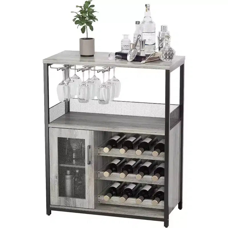Meuble de Bar à Café et à Vins avec Porte-Bouteilles Amovible, Support à Verres, Tiroir et Porte en Maille, Buffet de Rangement pour Salle à Manger, Cuisine