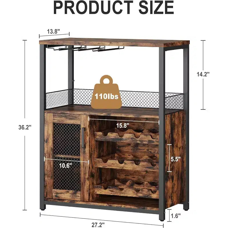 Meuble de Bar à Café et à Vins avec Porte-Bouteilles Amovible, Support à Verres, Tiroir et Porte en Maille, Buffet de Rangement pour Salle à Manger, Cuisine