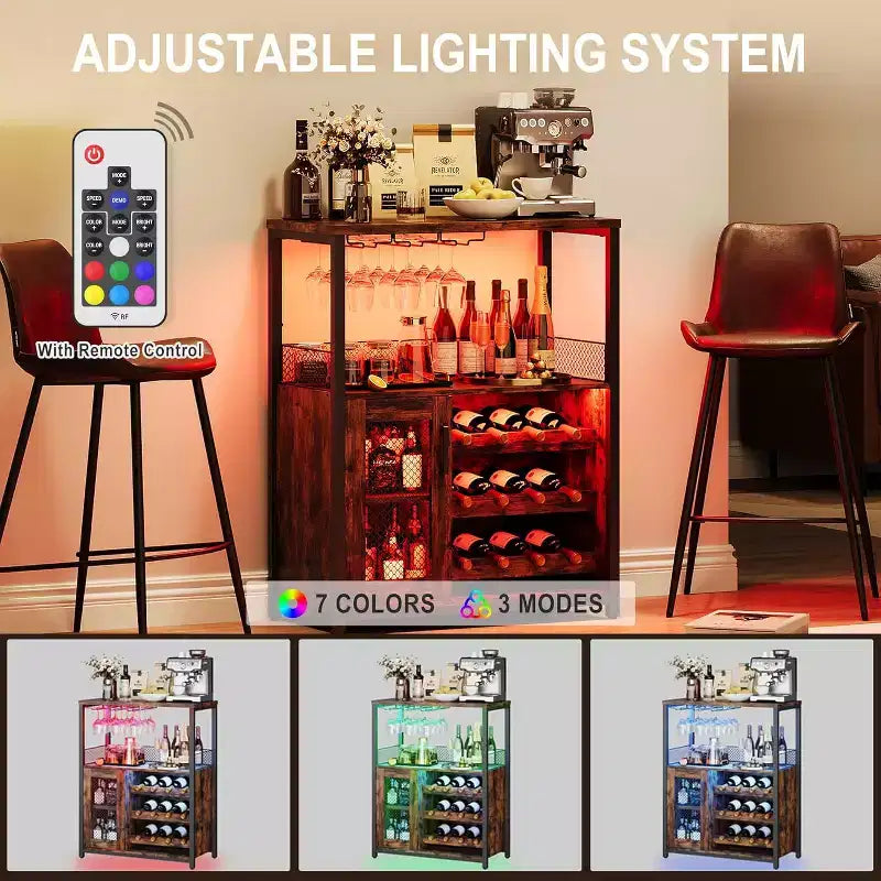 Meuble de Bar à Café et à Vins avec Porte-Bouteilles Amovible, Support à Verres, Tiroir et Porte en Maille, Buffet de Rangement pour Salle à Manger, Cuisine
