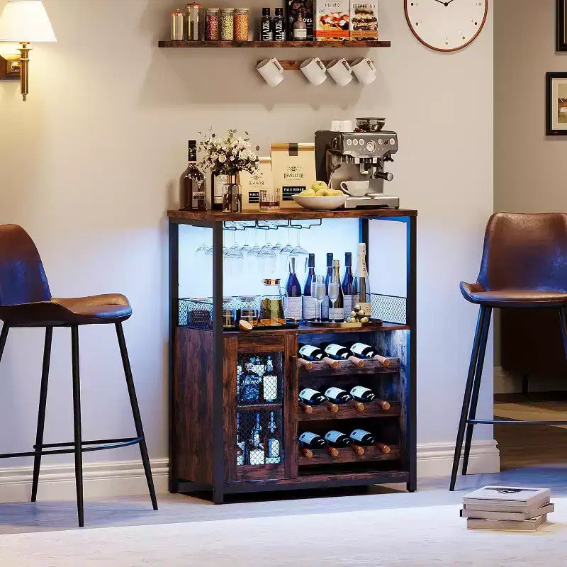 Meuble de Bar à Café et à Vins avec Porte-Bouteilles Amovible, Support à Verres, Tiroir et Porte en Maille, Buffet de Rangement pour Salle à Manger, Cuisine