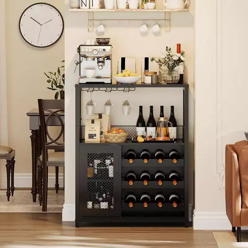 Meuble de Bar à Café et à Vins avec Porte-Bouteilles Amovible, Support à Verres, Tiroir et Porte en Maille, Buffet de Rangement pour Salle à Manger, Cuisine