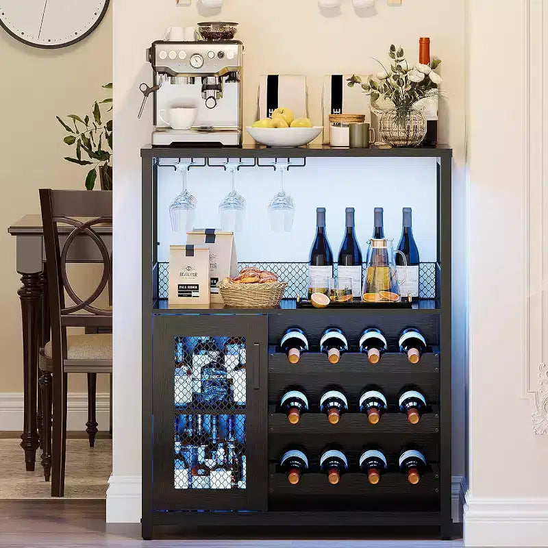 Coffee Wine Bar Rack Cabinet with Removable Wine Rack, Glass Holder, Drawer & Mesh Door  Sideboard and Buffet Storage for Dining Room, Kitchen
