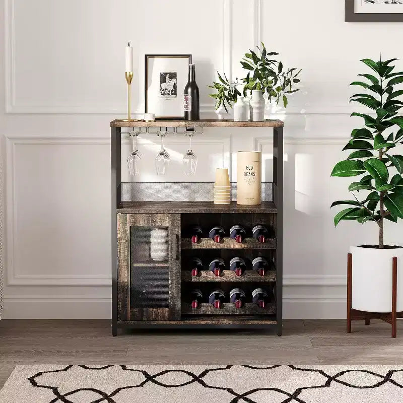 Meuble de Bar à Café et à Vins avec Porte-Bouteilles Amovible, Support à Verres, Tiroir et Porte en Maille, Buffet de Rangement pour Salle à Manger, Cuisine