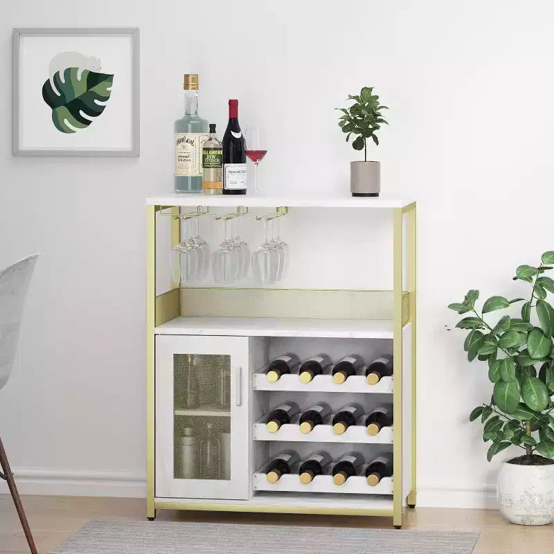 Meuble de Bar à Café et à Vins avec Porte-Bouteilles Amovible, Support à Verres, Tiroir et Porte en Maille, Buffet de Rangement pour Salle à Manger, Cuisine