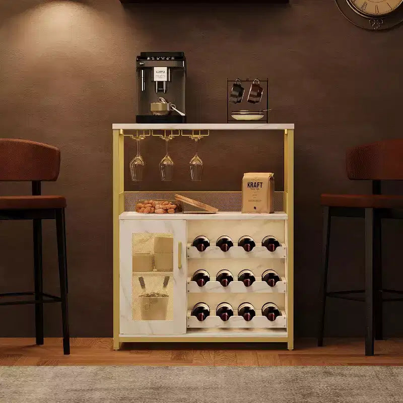Meuble de Bar à Café et à Vins avec Porte-Bouteilles Amovible, Support à Verres, Tiroir et Porte en Maille, Buffet de Rangement pour Salle à Manger, Cuisine