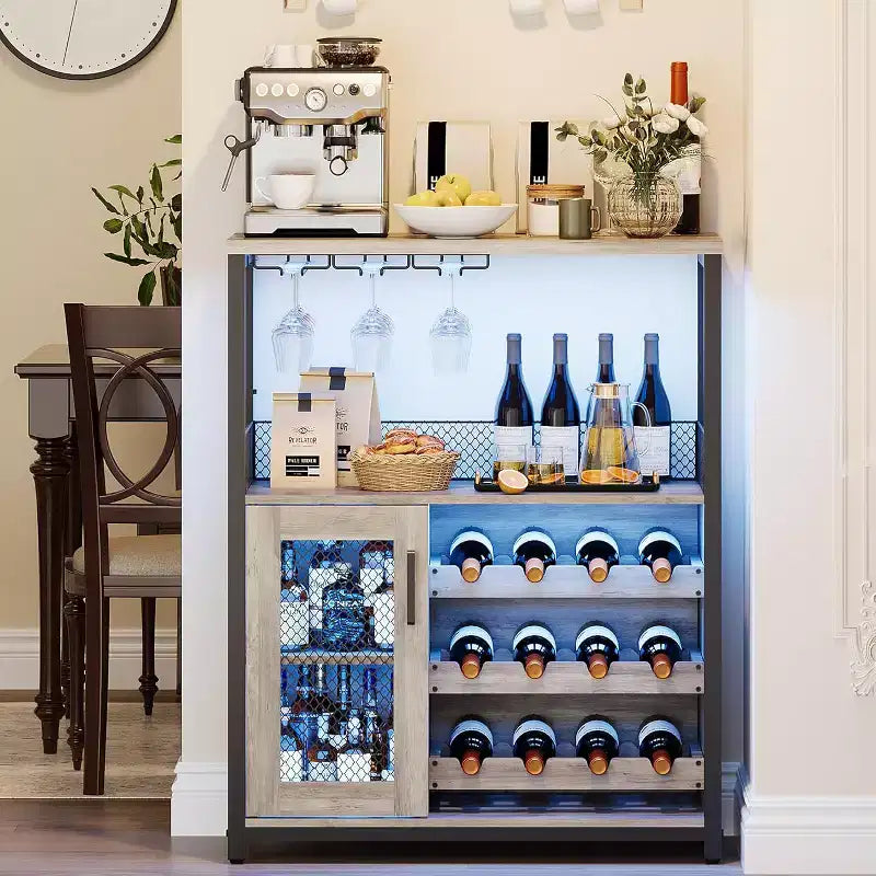 Meuble de Bar à Café et à Vins avec Porte-Bouteilles Amovible, Support à Verres, Tiroir et Porte en Maille, Buffet de Rangement pour Salle à Manger, Cuisine