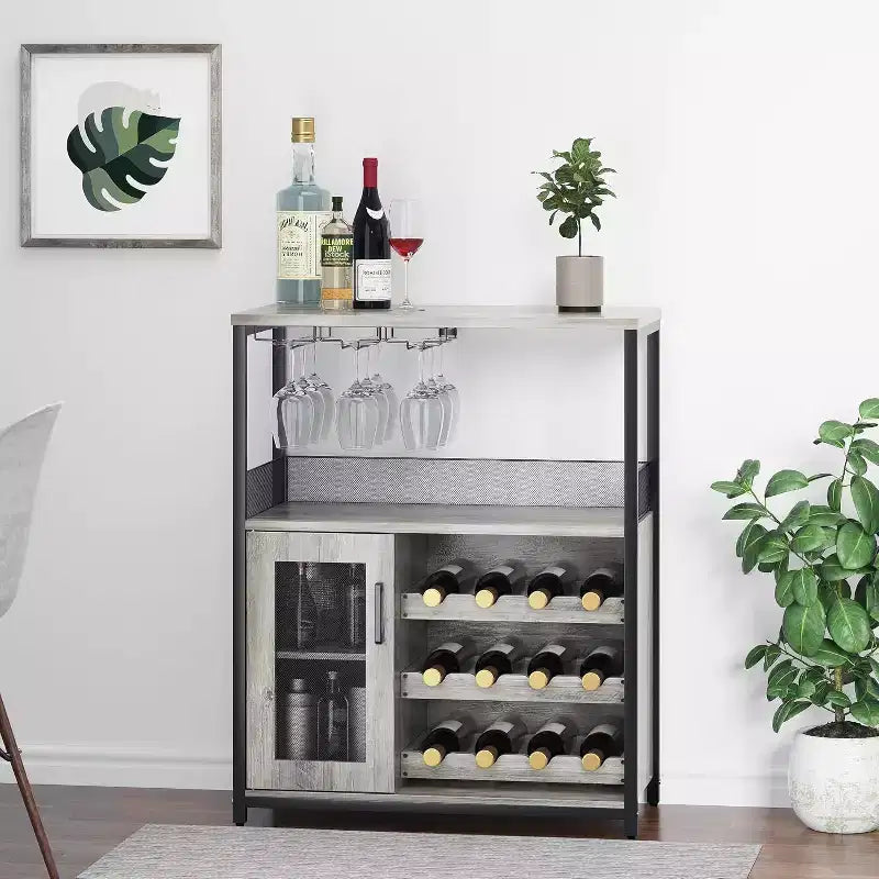 Meuble de Bar à Café et à Vins avec Porte-Bouteilles Amovible, Support à Verres, Tiroir et Porte en Maille, Buffet de Rangement pour Salle à Manger, Cuisine