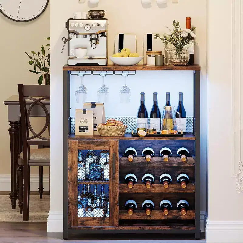 Meuble de Bar à Café et à Vins avec Porte-Bouteilles Amovible, Support à Verres, Tiroir et Porte en Maille, Buffet de Rangement pour Salle à Manger, Cuisine