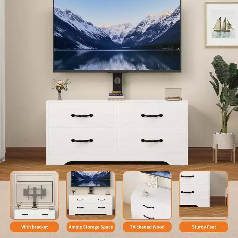 Meuble TV avec support pour téléviseurs de 32 à 75 pouces, console multimédia moderne avec 4 grands tiroirs, commode de centre de divertissement pour salon et chambre