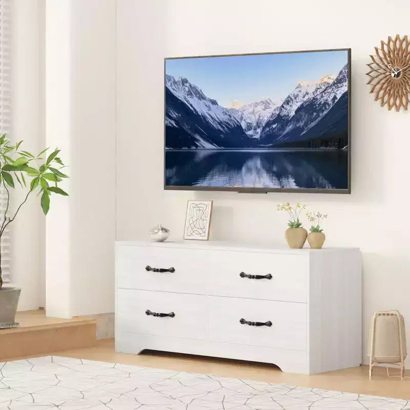 Meuble TV avec support pour téléviseurs de 32 à 75 pouces, console multimédia moderne avec 4 grands tiroirs, commode de centre de divertissement pour salon et chambre