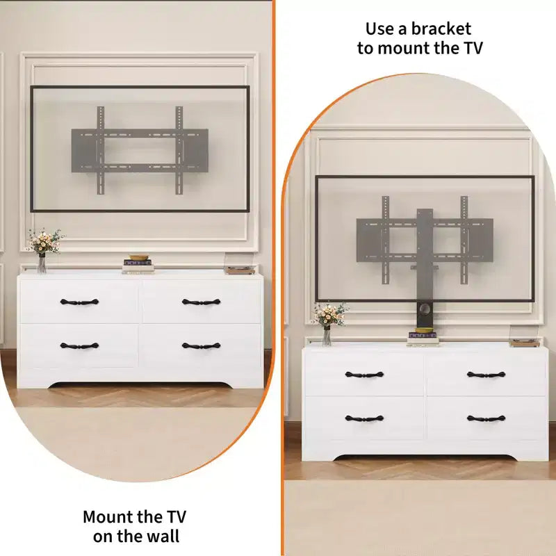 Meuble TV avec support pour téléviseurs de 32 à 75 pouces, console multimédia moderne avec 4 grands tiroirs, commode de centre de divertissement pour salon et chambre