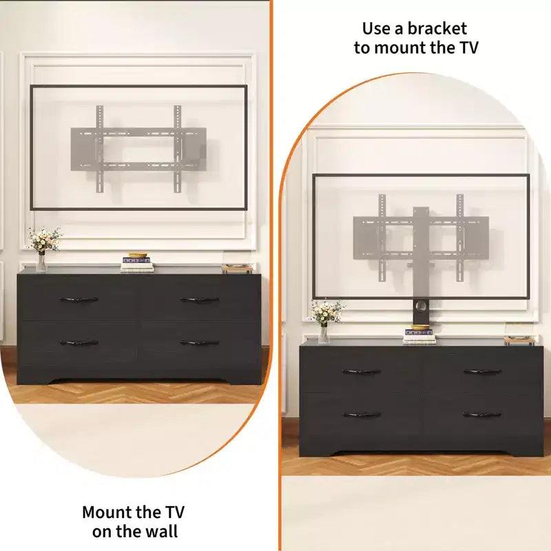 Meuble TV avec support pour téléviseurs de 32 à 75 pouces, console multimédia moderne avec 4 grands tiroirs, commode de centre de divertissement pour salon et chambre