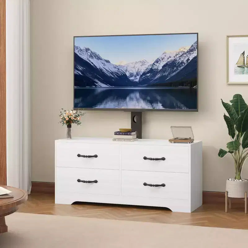 Meuble TV avec support pour téléviseurs de 32 à 75 pouces, console multimédia moderne avec 4 grands tiroirs, commode de centre de divertissement pour salon et chambre
