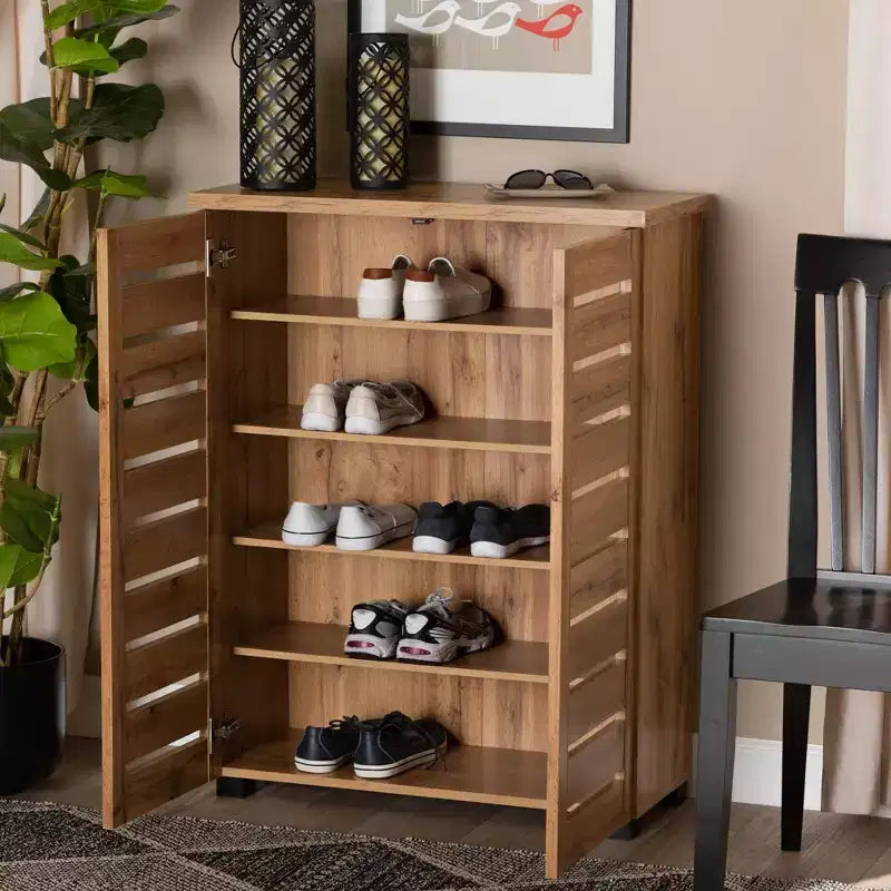 Meuble à chaussures 2 portes avec 5 étagères - Chêne marron, peut contenir 15 paires