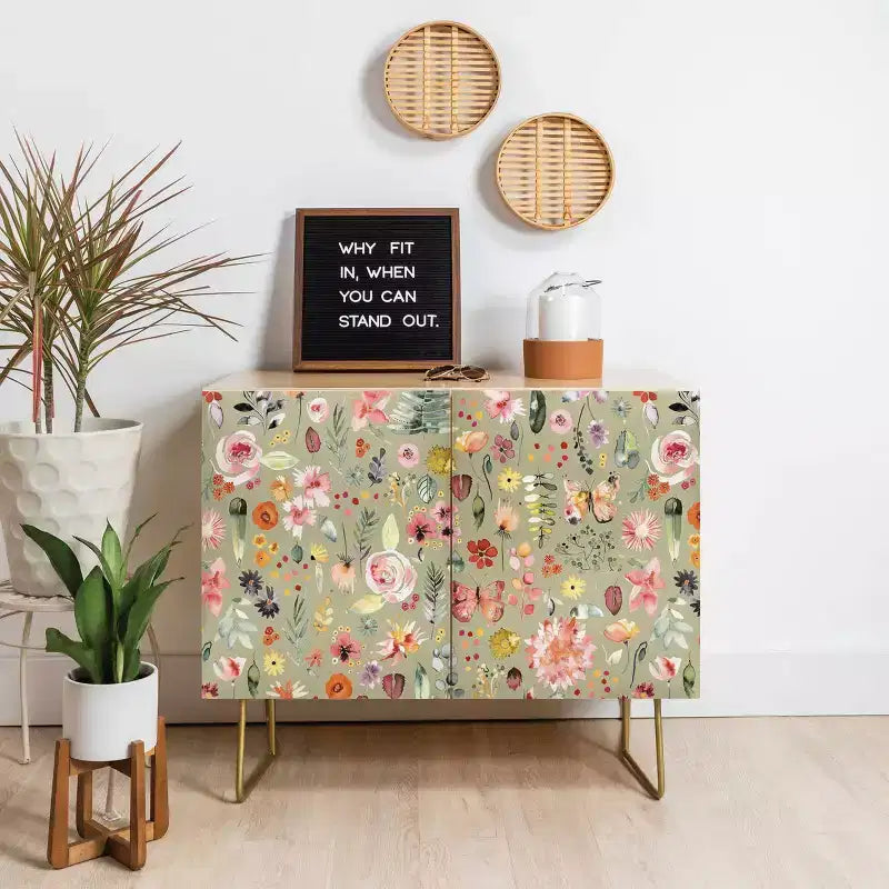 Enfilade Mid-Century avec Plantes Colorées Campagne - Bouleau de la Baltique, Vert/Doré
