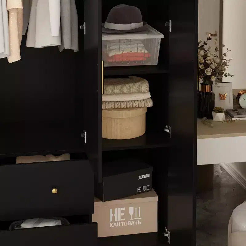 Armoire 4 portes avec miroir, 2 tiroirs et tringles de suspension - Blanc