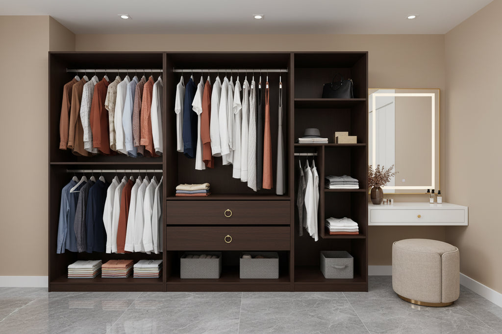 Armoire 4 portes avec miroir, 2 tiroirs et tringles de suspension - Blanc