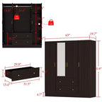 Armoire 4 portes avec miroir, 2 tiroirs et tringles de suspension - Blanc