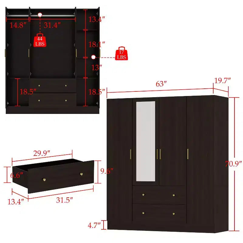 Armoire 4 portes avec miroir, 2 tiroirs et tringles de suspension - Blanc