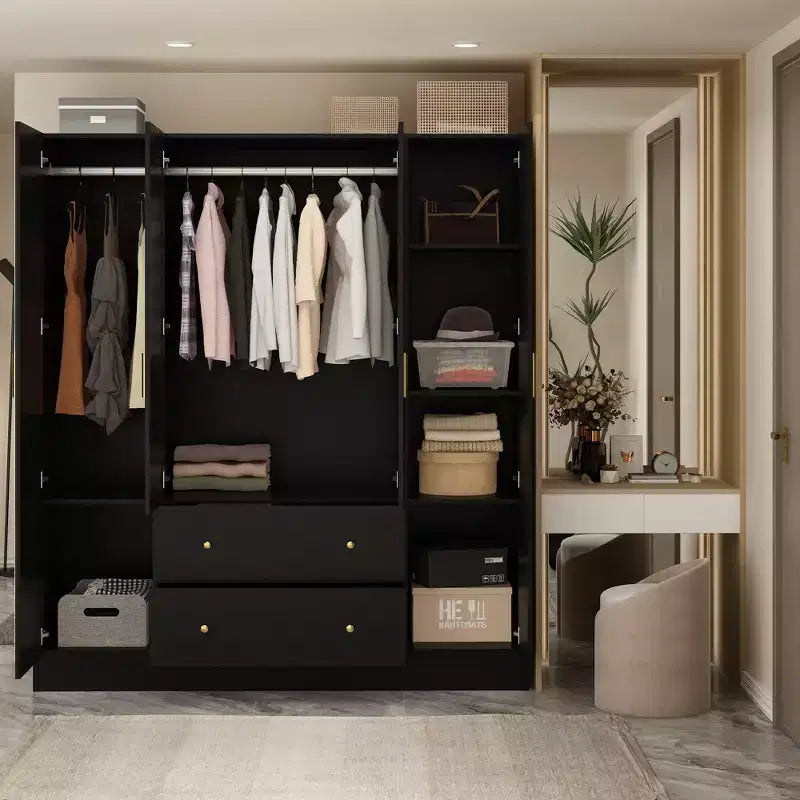 Armoire 4 portes avec miroir, 2 tiroirs et tringles de suspension - Blanc