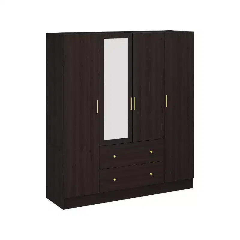 Armoire 4 portes avec miroir, 2 tiroirs et tringles de suspension - Blanc