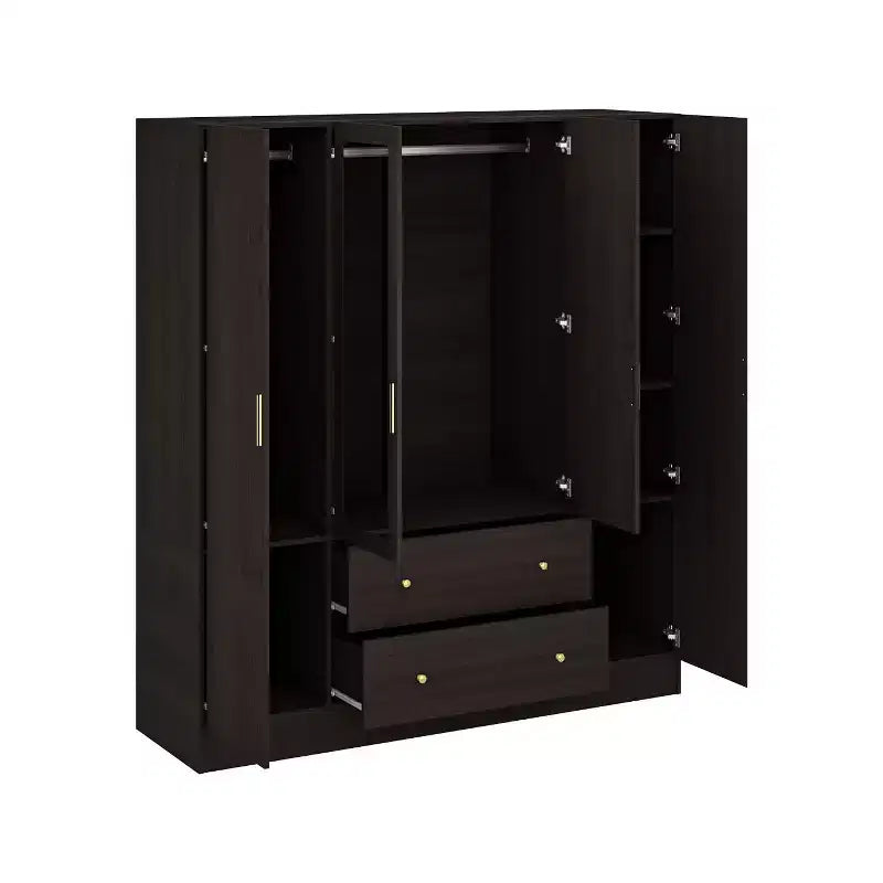 Armoire 4 portes avec miroir, 2 tiroirs et tringles de suspension - Blanc