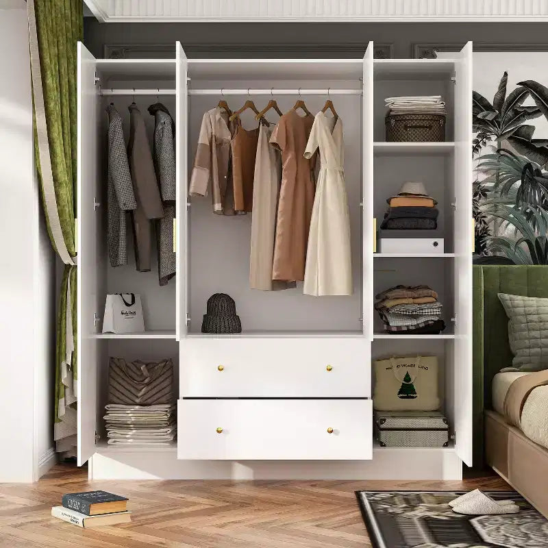 Armoire 4 portes avec miroir, 2 tiroirs et tringles de suspension - Blanc