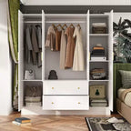 Armoire 4 portes avec miroir, 2 tiroirs et tringles de suspension - Blanc