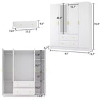 Armoire 4 portes avec miroir, 2 tiroirs et tringles de suspension - Blanc